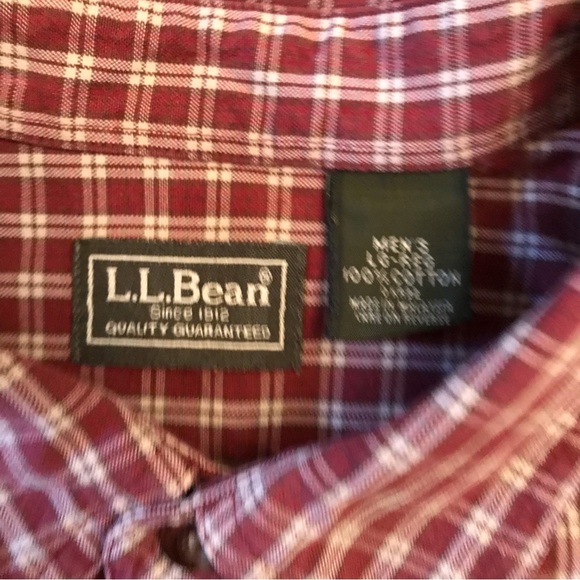 LL Bean Mens Long Sleeve Shirt Size Large Burgundy Check Plaid Cotton Button Up - Picture 5 of 9